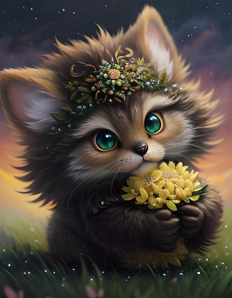 Fluffy Fantasy Creature in a Flower Rain