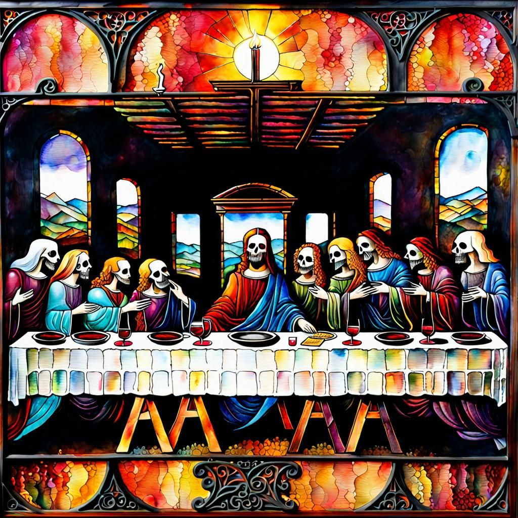 Ghostly Watercolor Last Supper with Skeletons