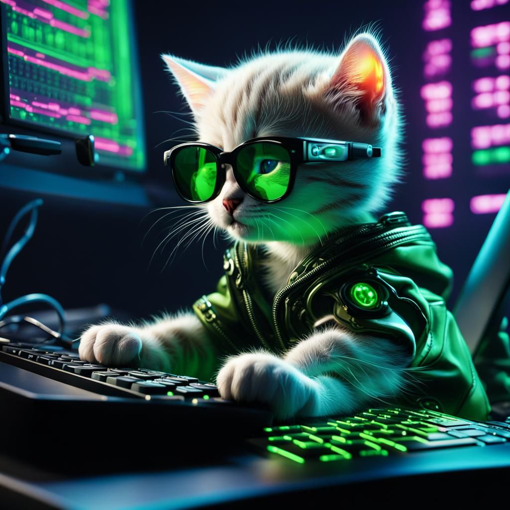 Kitten Hacker in a Neon Matrix Style