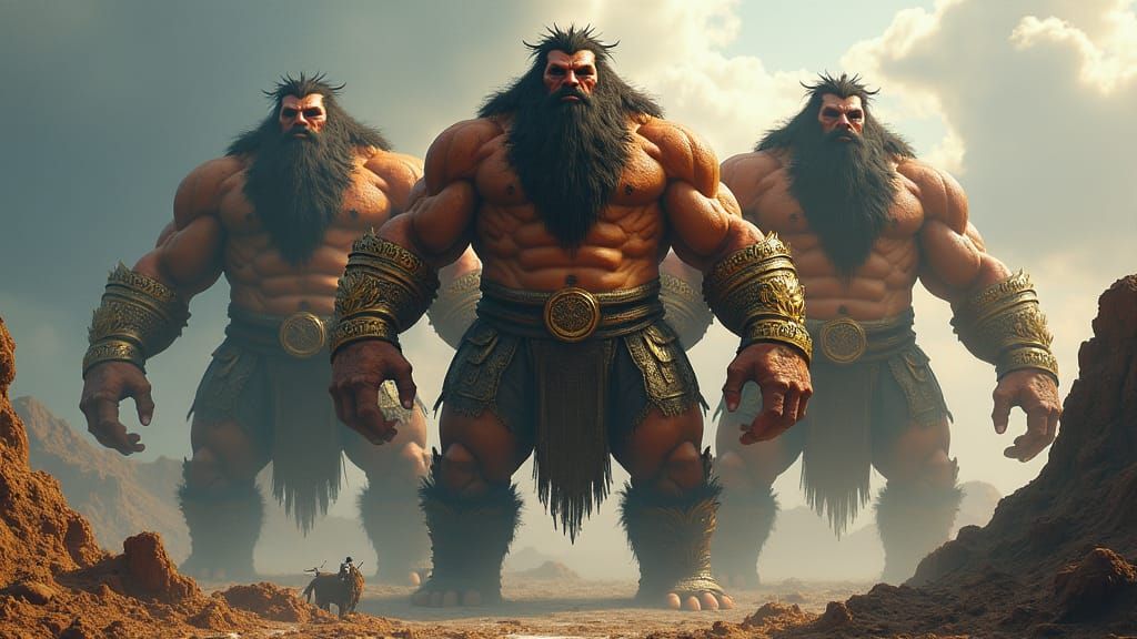 Colossal Multi-Headed Giants in Mythological Style