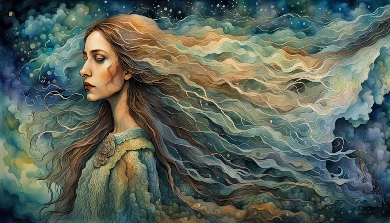 Woman with Thunder in Warped Perspective, Watercolor Art