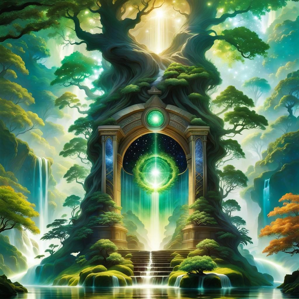 Surreal Waterfall Scene with Earth Wizard Portal