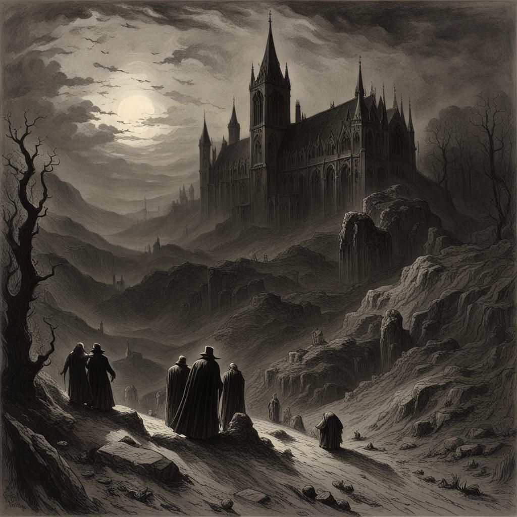 Eerie Gothic Landscape in Engraving Style