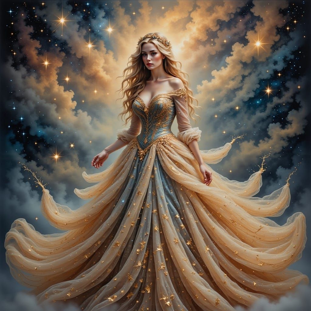 Ethereal Woman in Starry Gown: Hyperdetailed Portrait