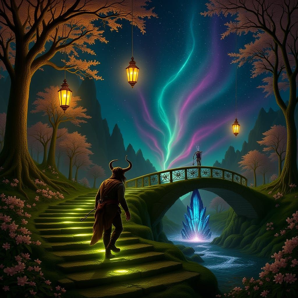 Minotaur Ascends Enchanted Forest Pathway to Crystal Bridge