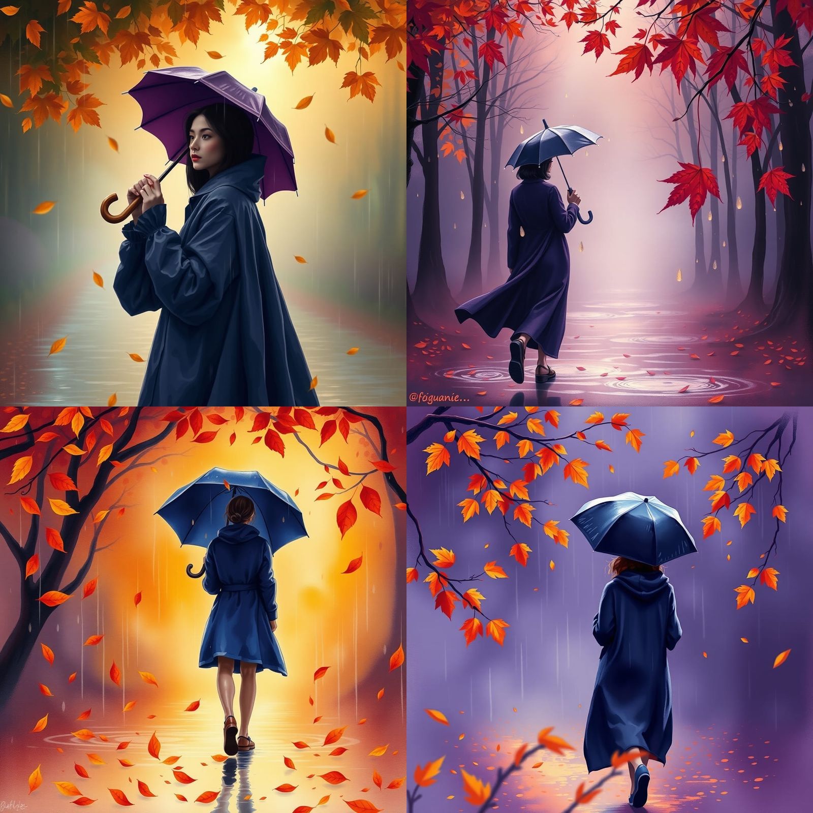 Rainy Autumn Scene with Woman, Watercolour Painting