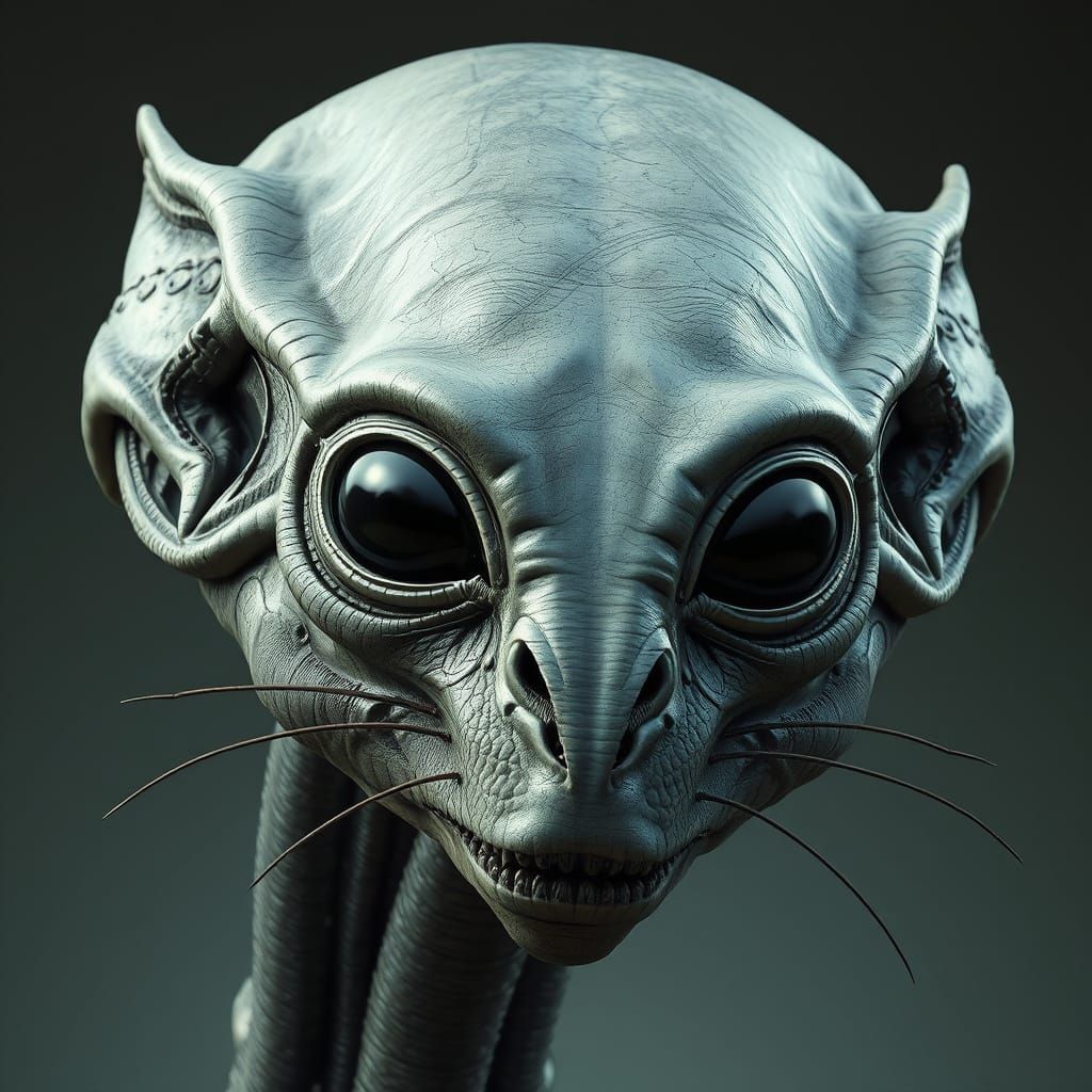 Xeno mouse giant grey alien head with black almond eyes hybr...