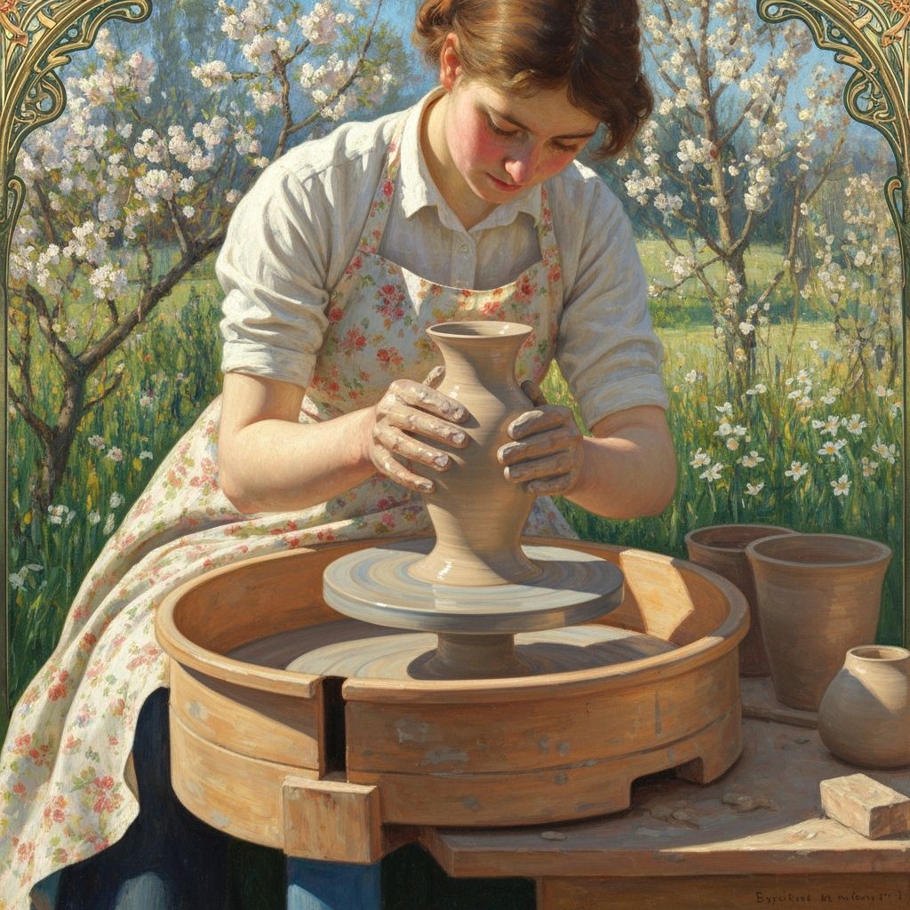 Impressionist Potter Sculpting Vase on Spring Morning