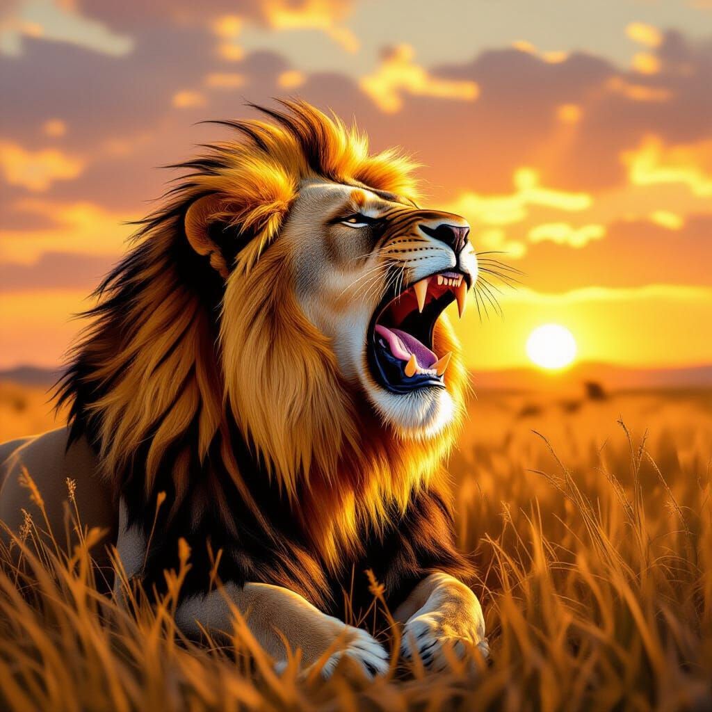Majestic Lion Roaring in Golden Hour Savanna