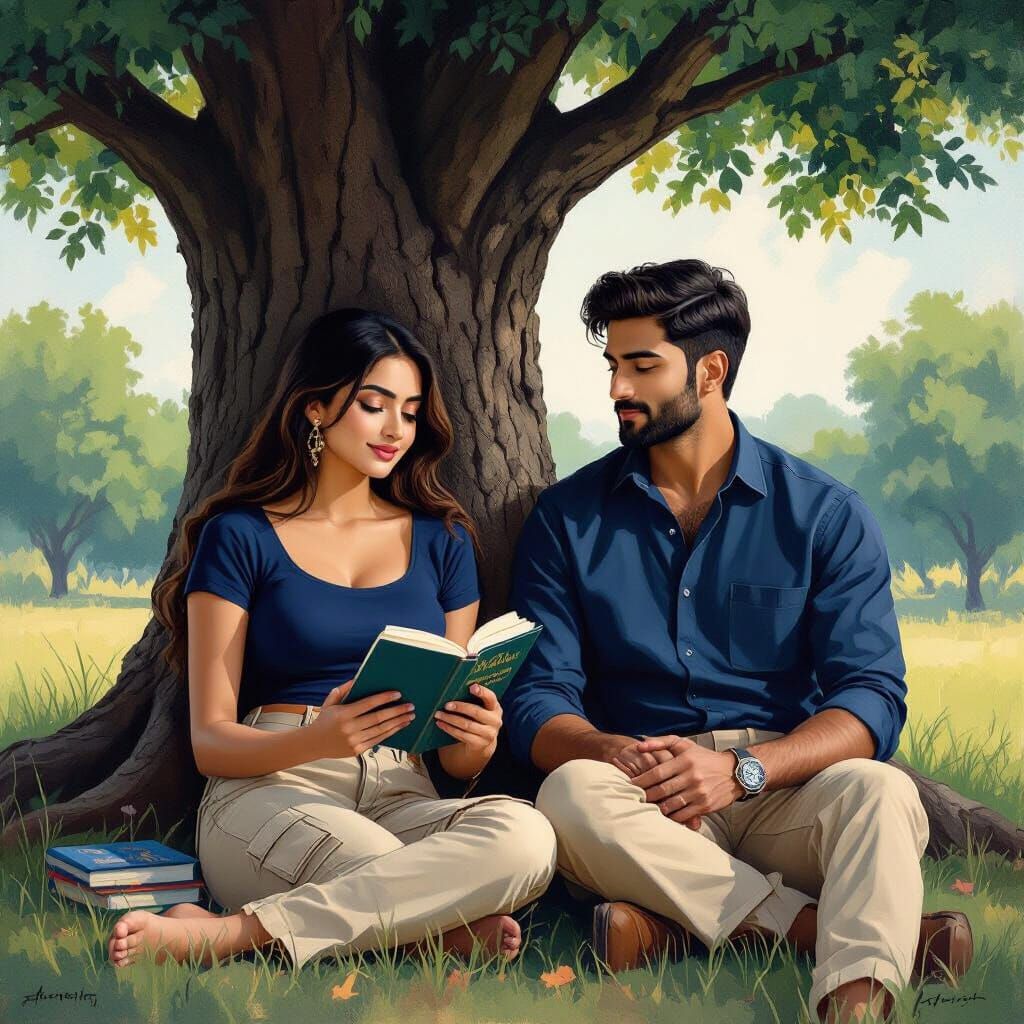 Impressionist Masterpiece: Couple Reading Under Tree