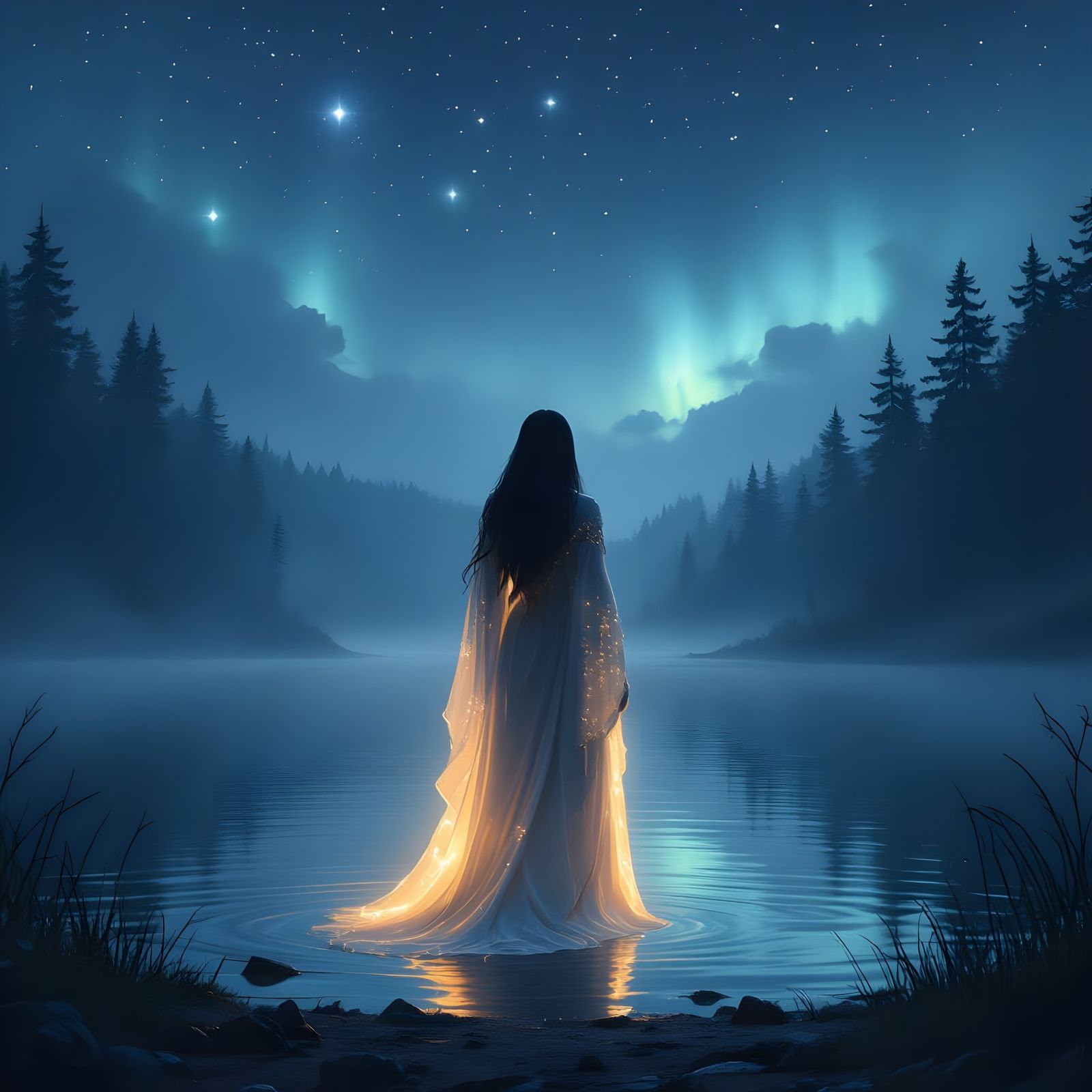 Ethereal Figure in Mystical Forest at Night