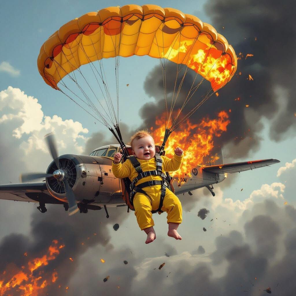 Baby Parachuting from Burning Plane in Dramatic Style