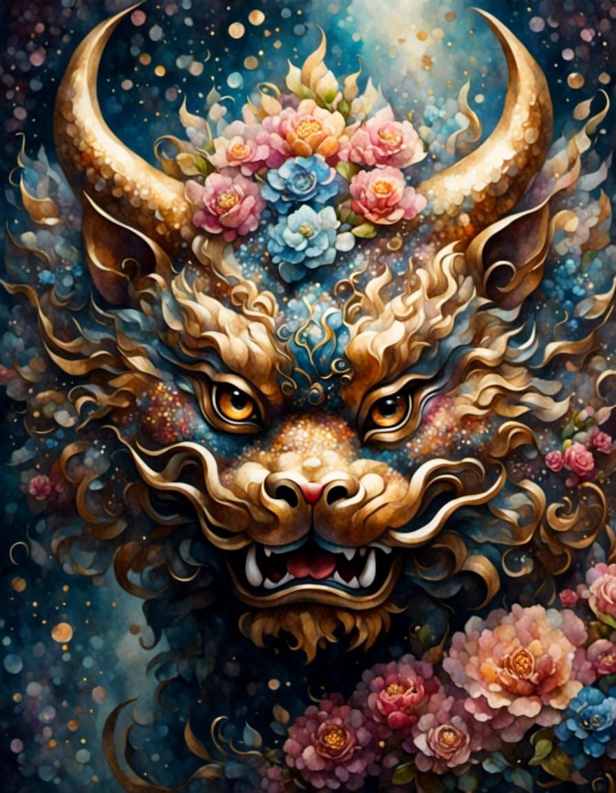 Ornate Komainu Portrait with Bokeh and Mosaic Effects