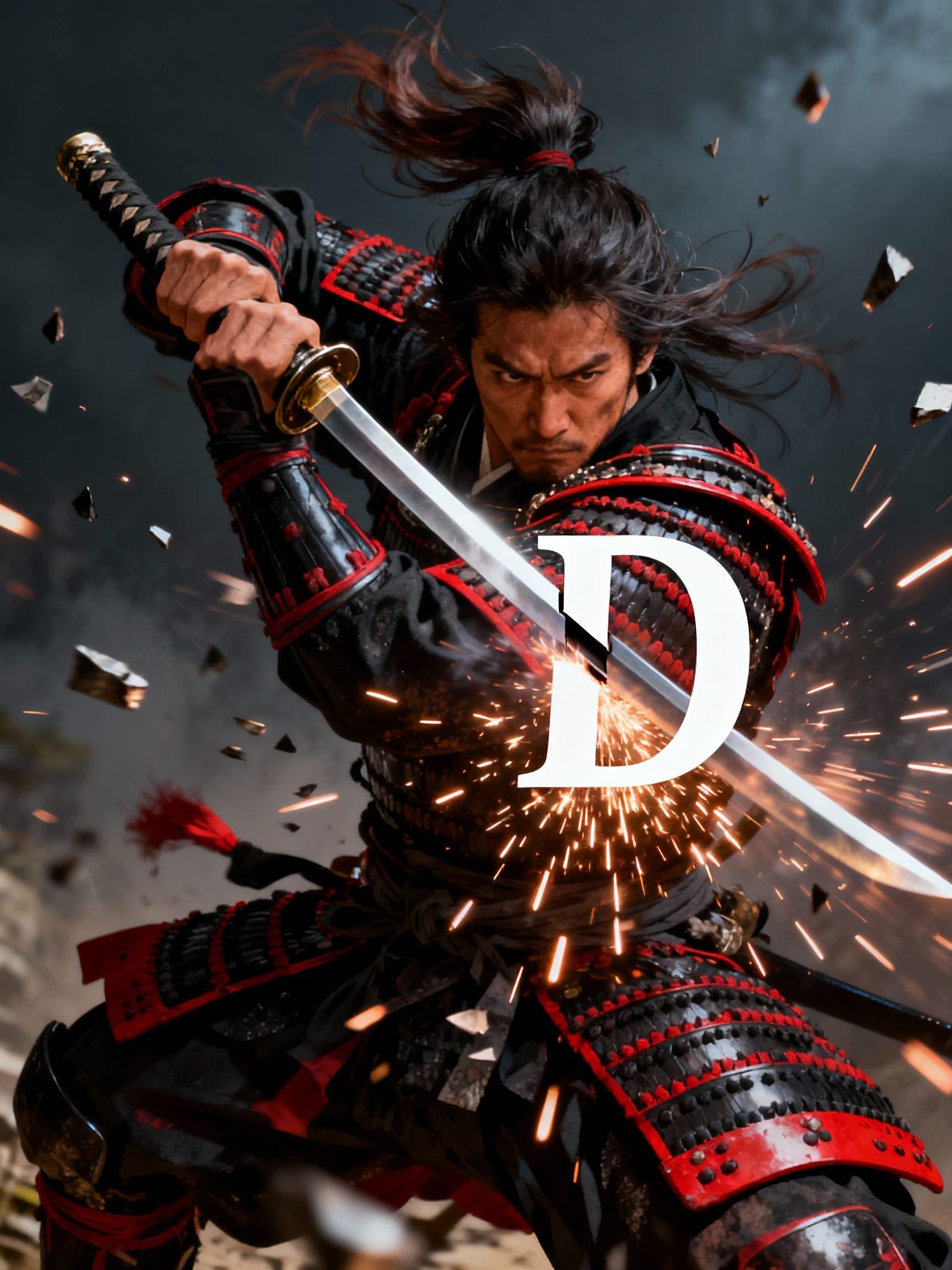 Samurai Warrior Slices Letter D in Half