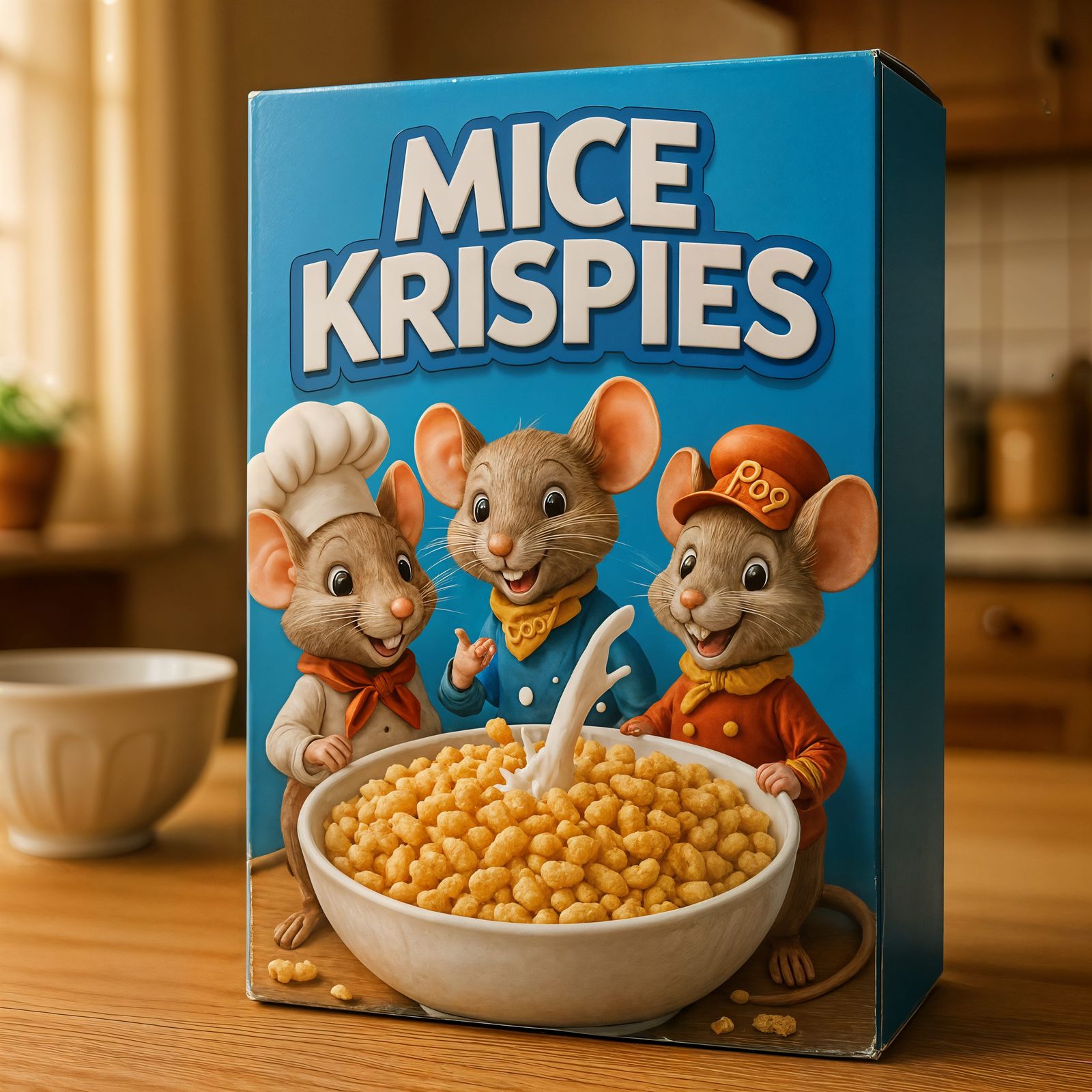 Mice Krispies Cereal Box with Mascots on Kitchen Table