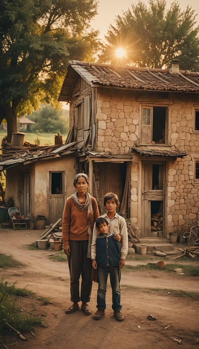 Neorealist Family in Rural Village at Golden Hour
