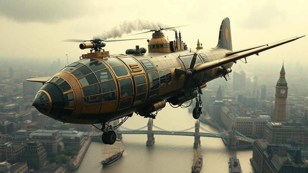 Steampunk Eel Aircraft Over Victorian London