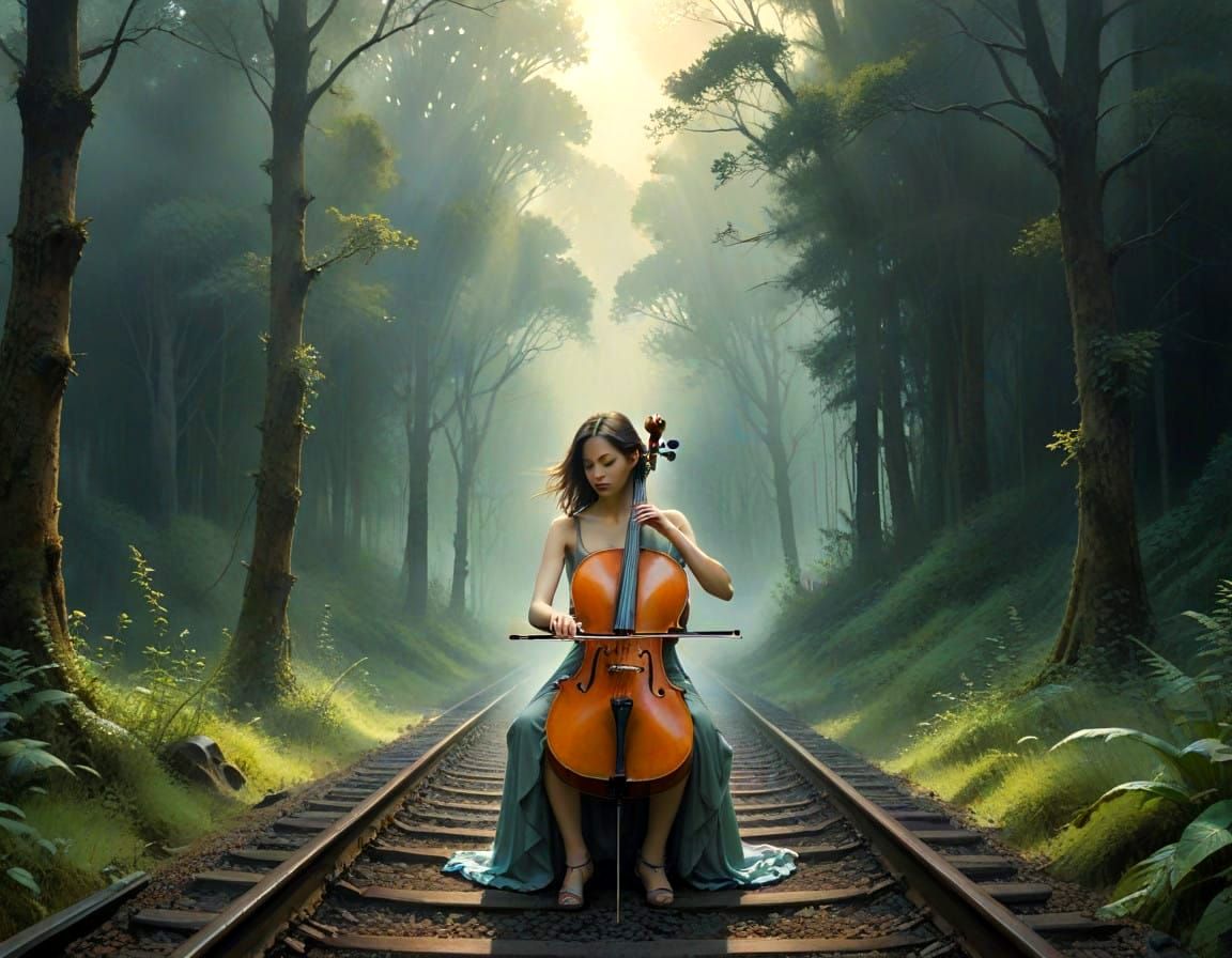 Whimsical Watercolor of a Cellist in a Ruined Forest Station