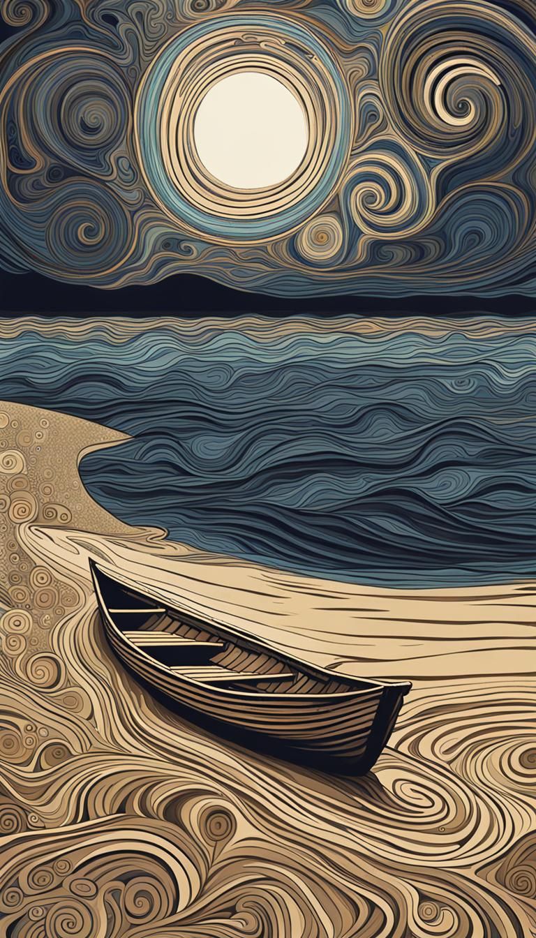 Klimt-Inspired Night Beach Scene with Boat