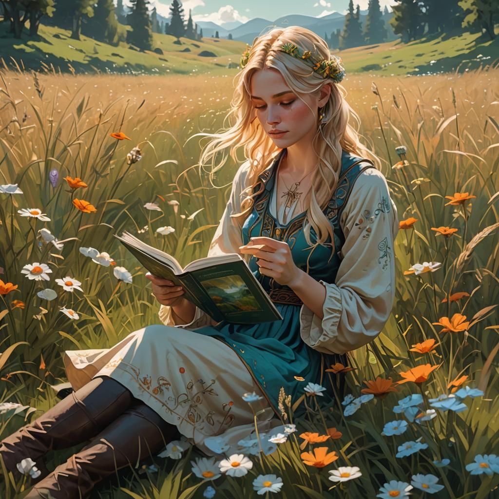 Woman Reading in Meadow, Dynamic Lighting, Art Nouveau Style