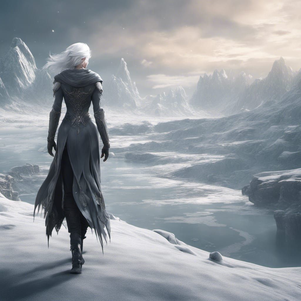Icy Landscape with White-Haired Woman: Fantasy Concept Art