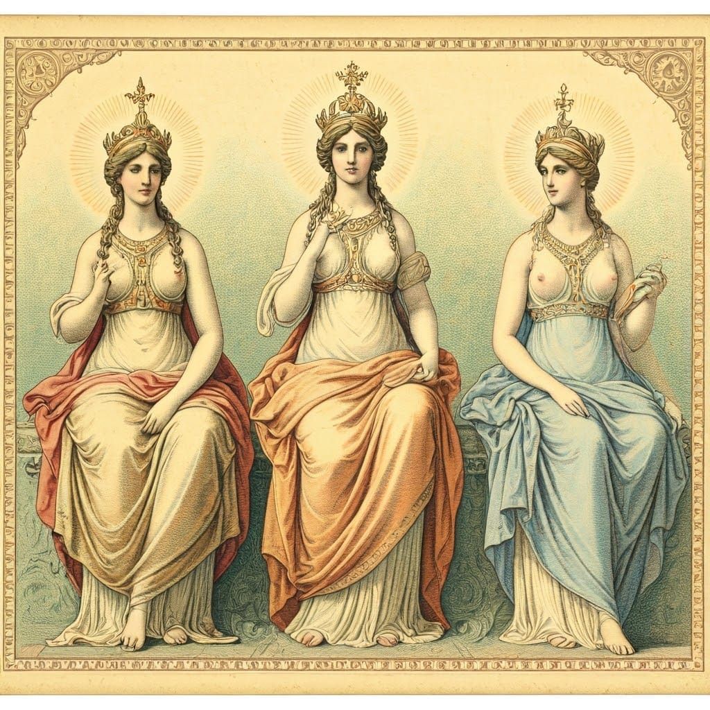 Vintage Victorian Drawing of Three Cottagecore Goddesses