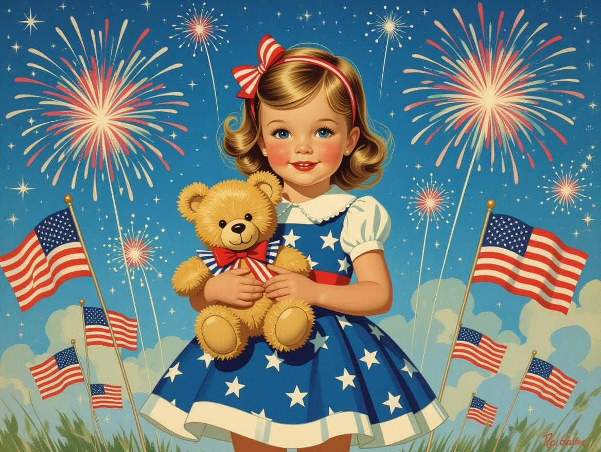 Patriotic Girl with Teddy Bear in Whimsical Style