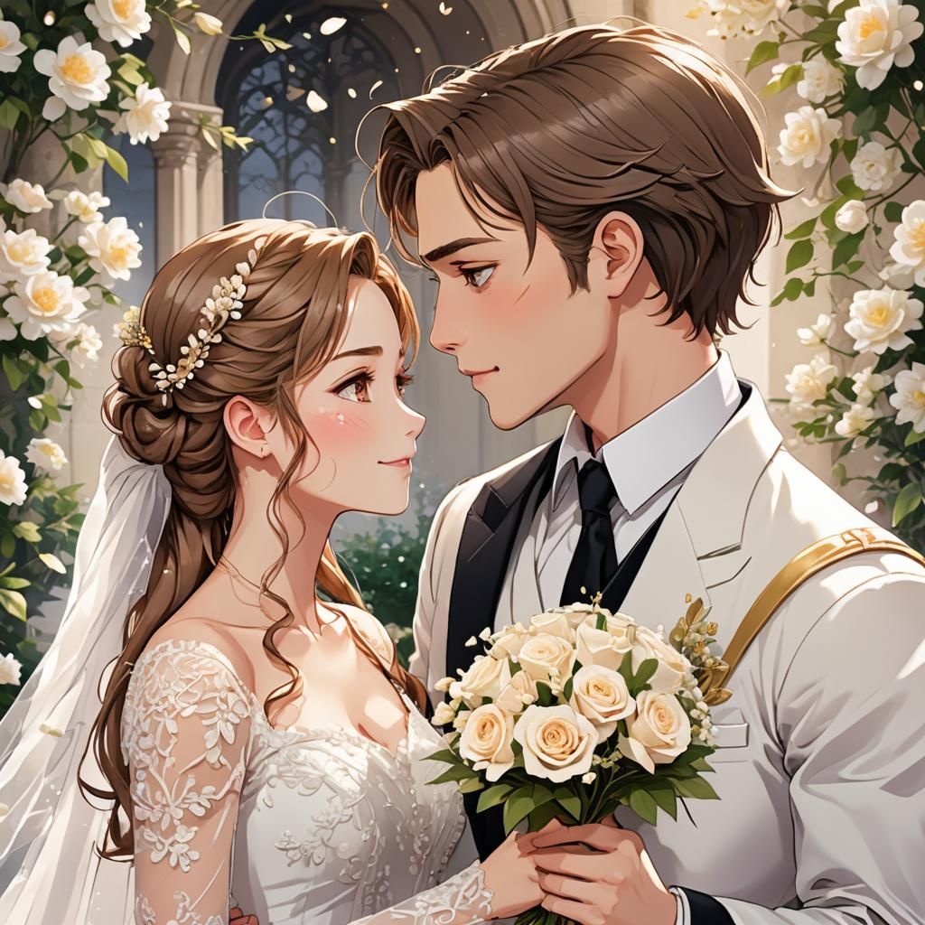 Anime Newlyweds in Watercolor Style Wedding Portrait