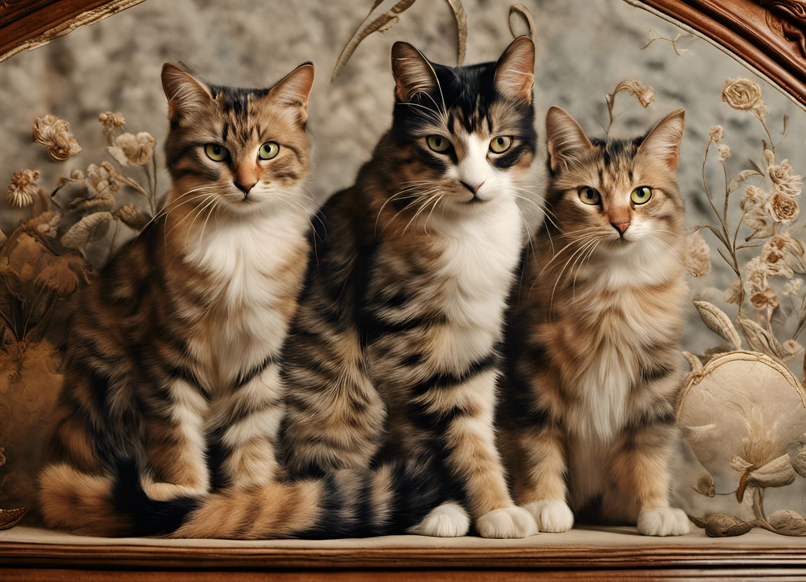 Cats on Antique Furniture with Silk Embroidery