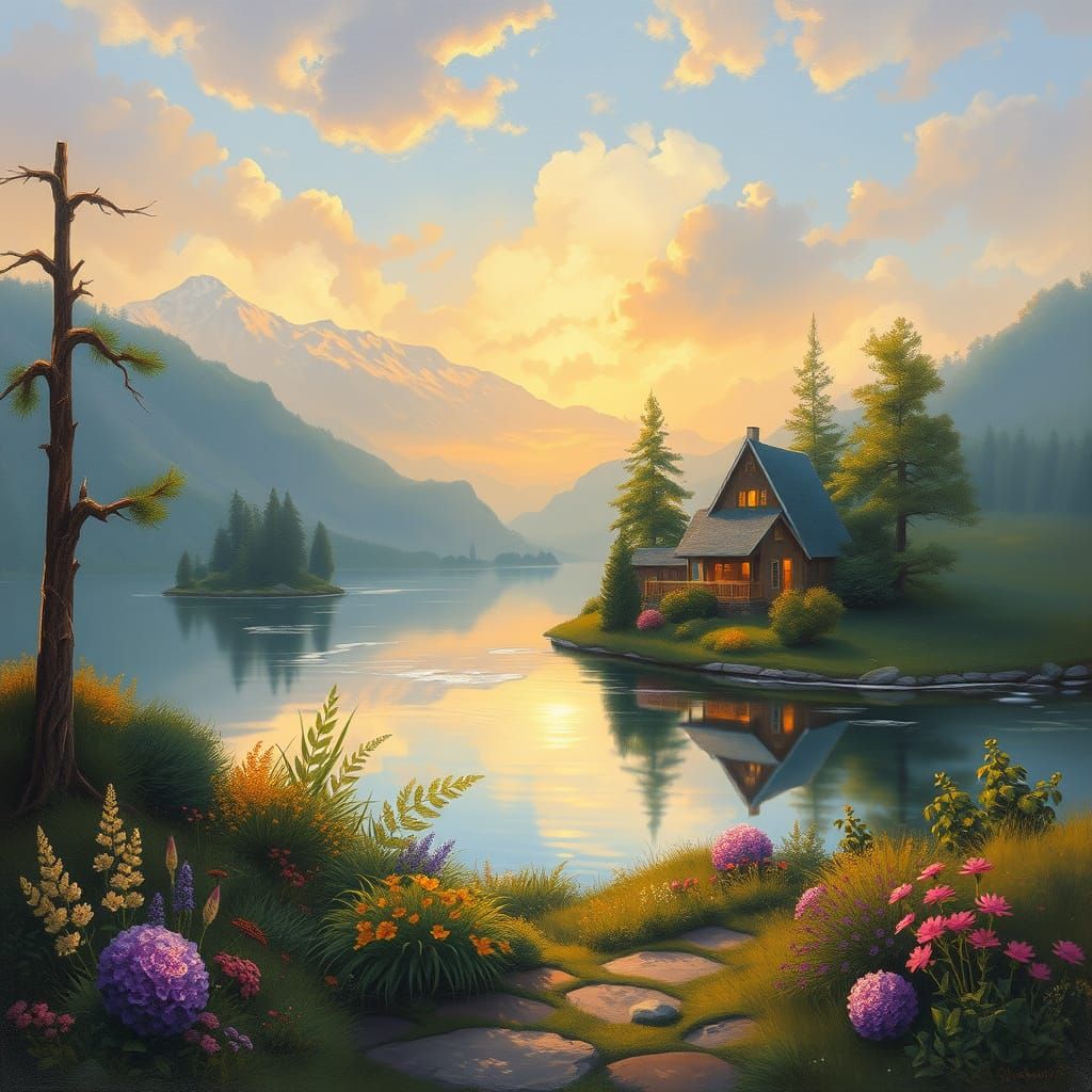 Idyllic Lakeside Cottage in Warm Light