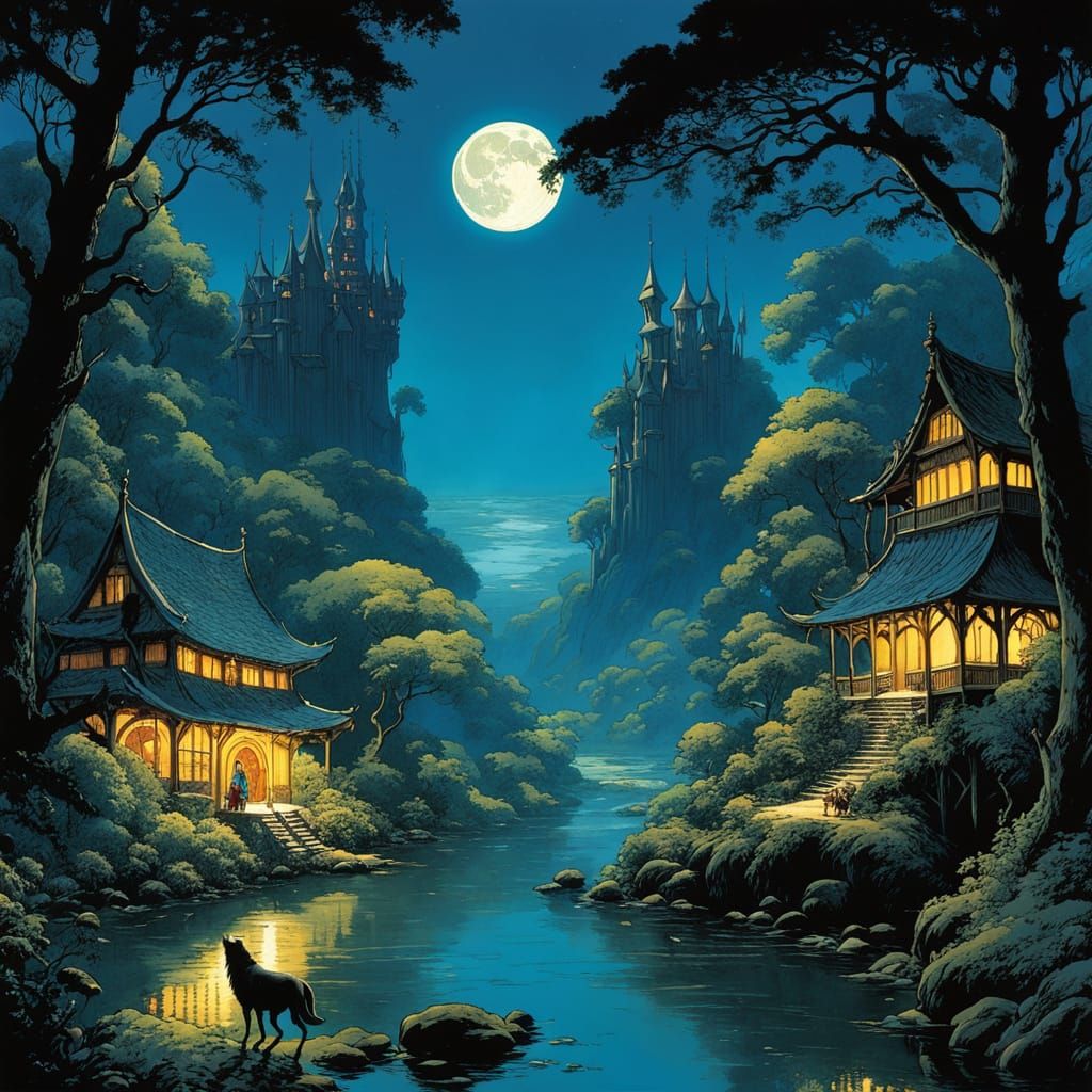 Moonlit River Escape in Ghibli-esque Chiaroscuro