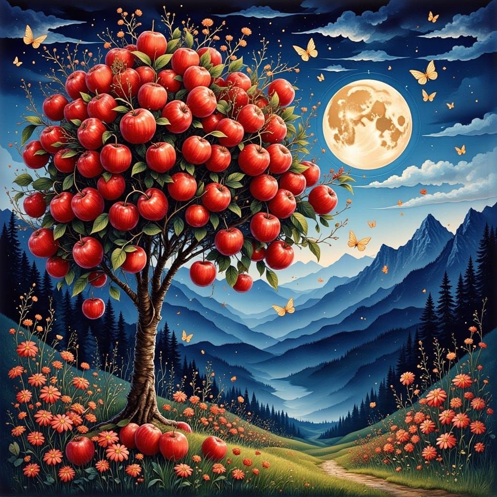 Apple Tree Under Moonlight in Mixed Media Style