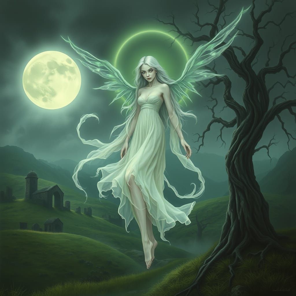Ethereal Banshee in Moonlit Celtic Landscape