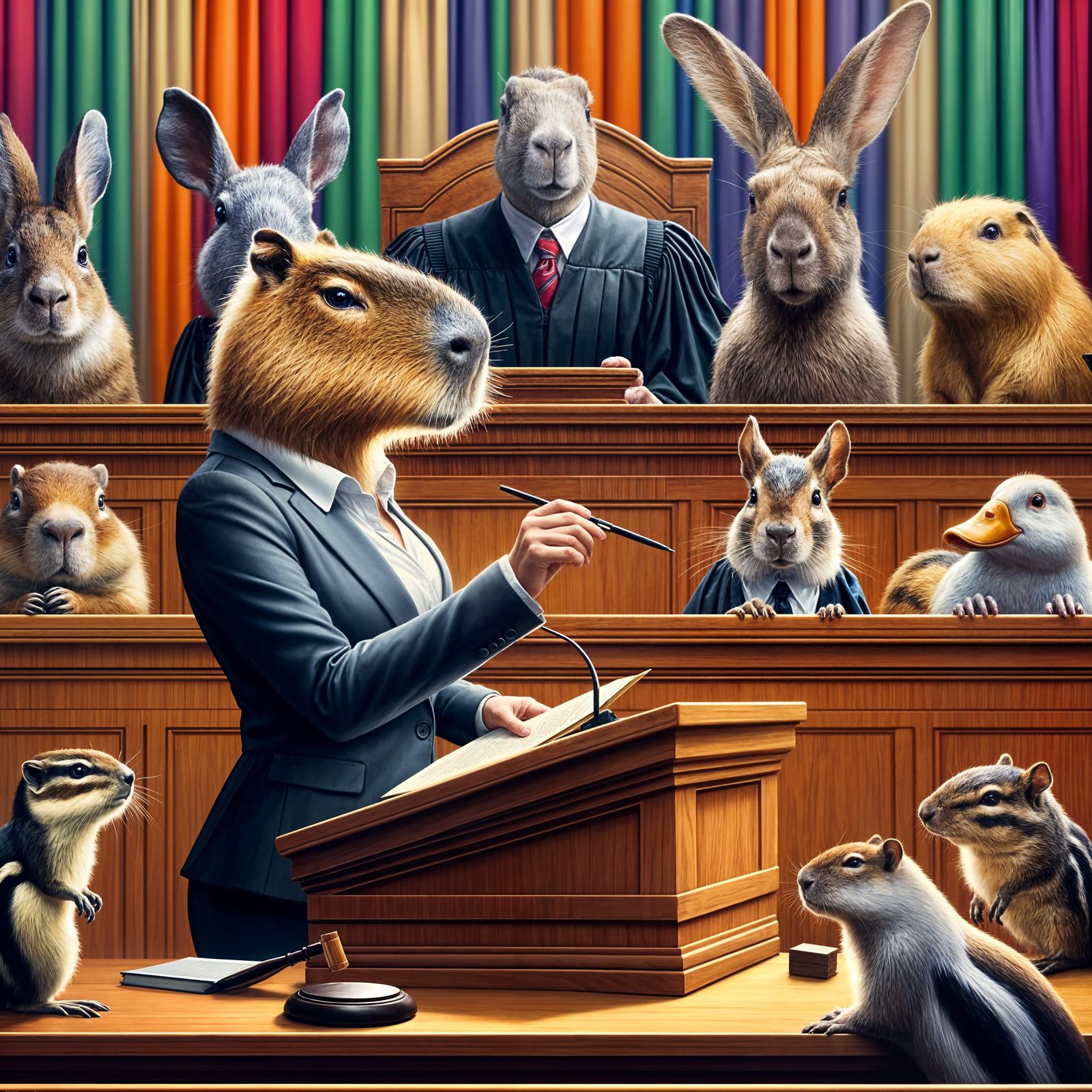 Capybara Lawyer Defends Chipmunk: Hyperrealistic Splash Art