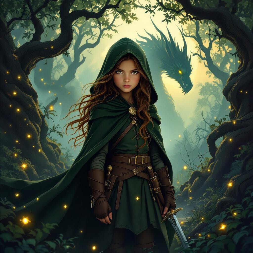 Brave Girl with Sword in Enchanted Forest, Dragon Appears