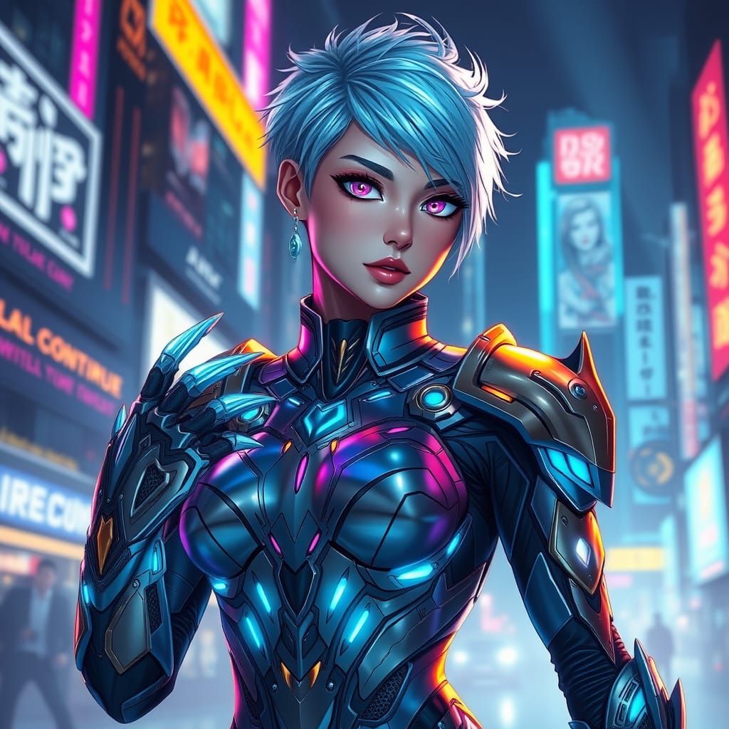 Cyberpunk Anime Goddess in High-Tech Armor