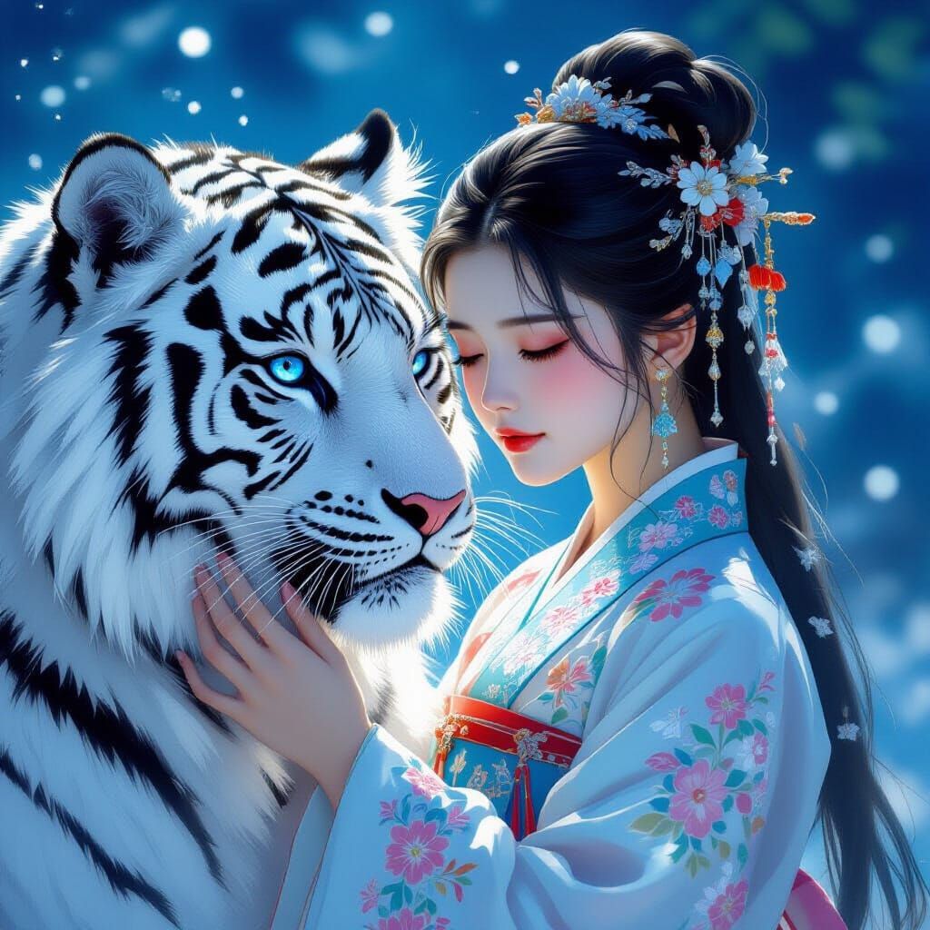 Girl and White Tiger Under Moonlight: Dreamy Art