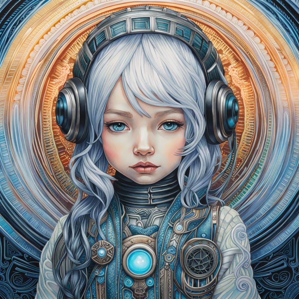 Chibi Cyberpunk Ghost in Machine: Watercolor Intaglio