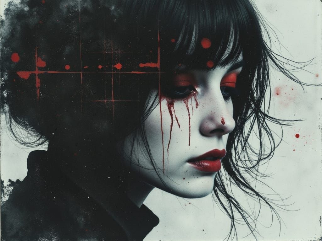 Ethereal Gothic Woman Portrait in Watercolor and Ink