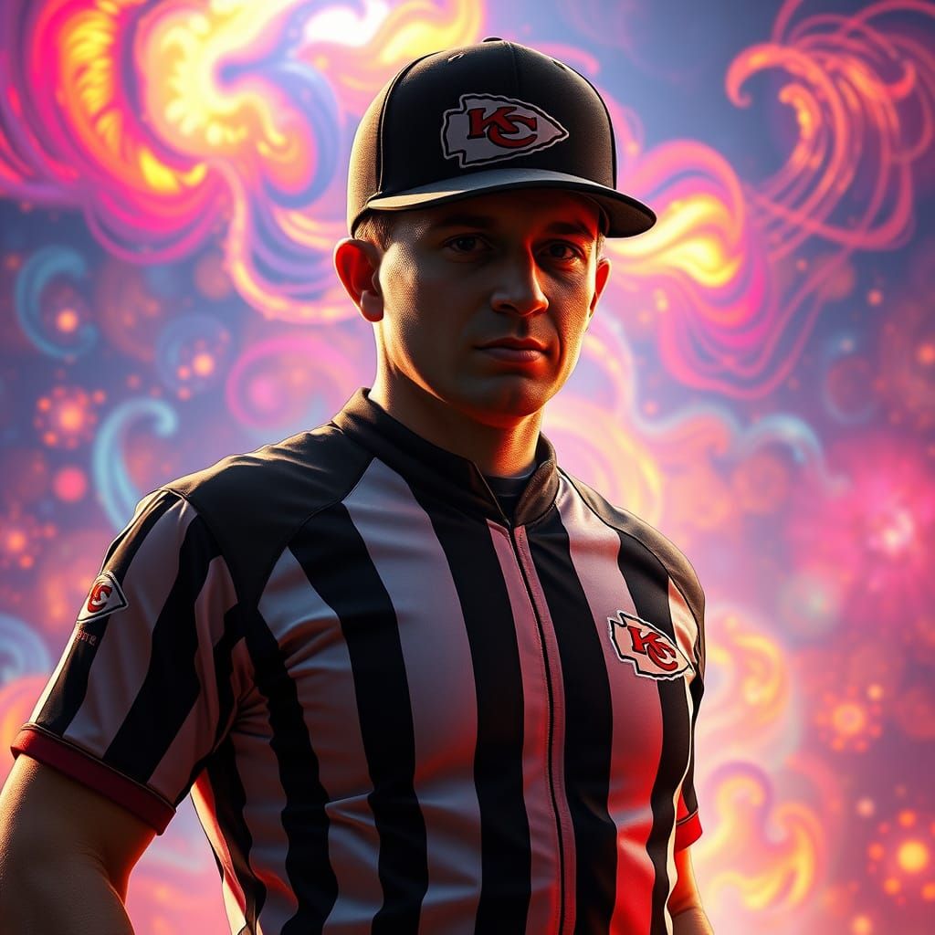Referee in Chiefs Hat Against Vibrant Dreamlike Backdrop