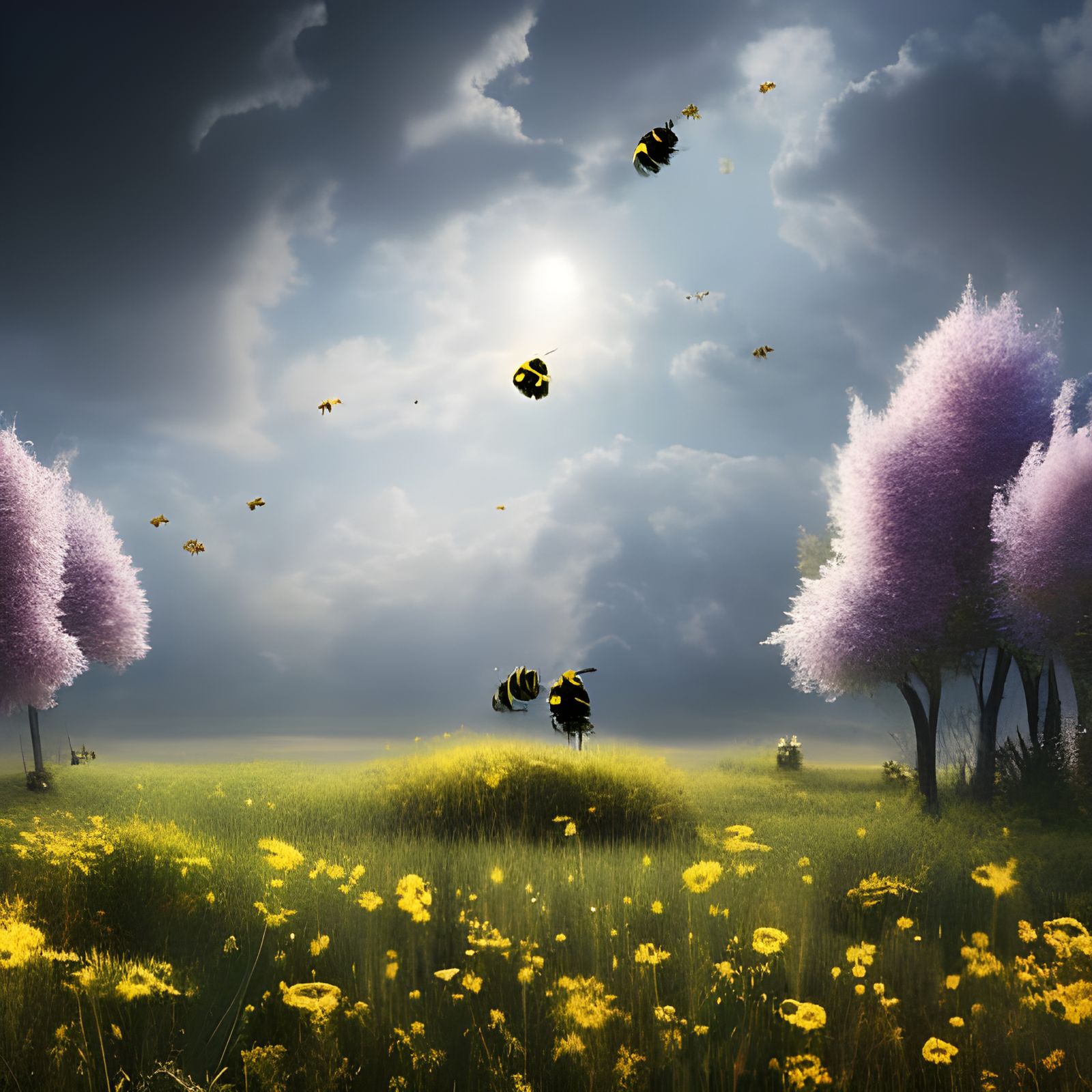 Sunlit Meadow with Bumblebees: Digital Matte Painting