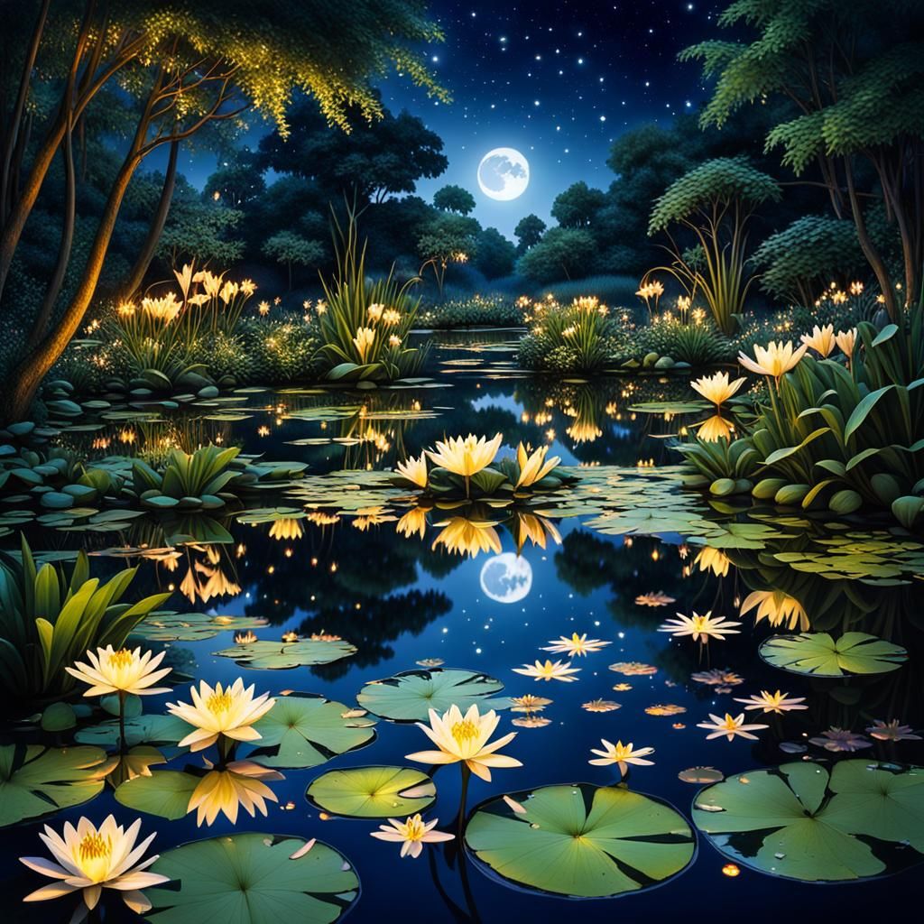 Tranquil Lily Pond at Night with Fireflies