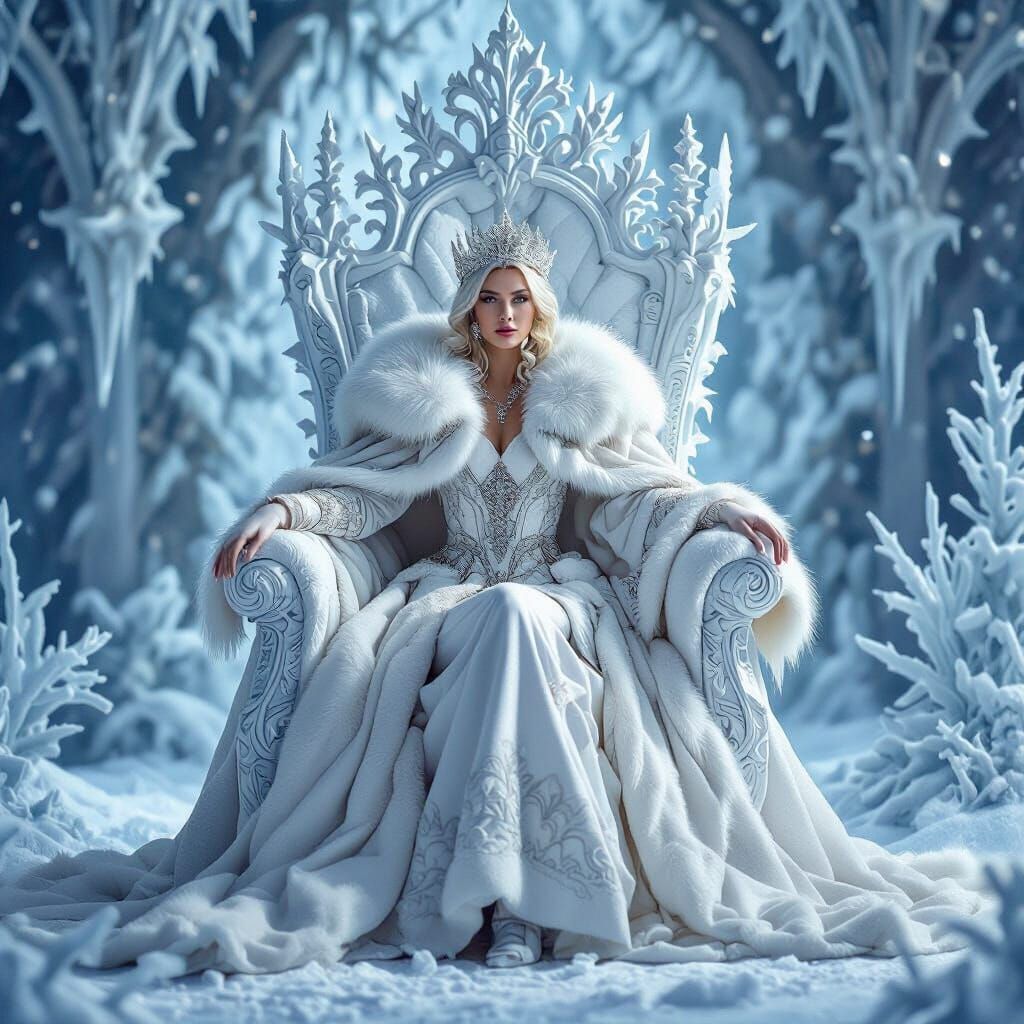 Regal Winter Queen on Ice Throne, in Oil Painting Style