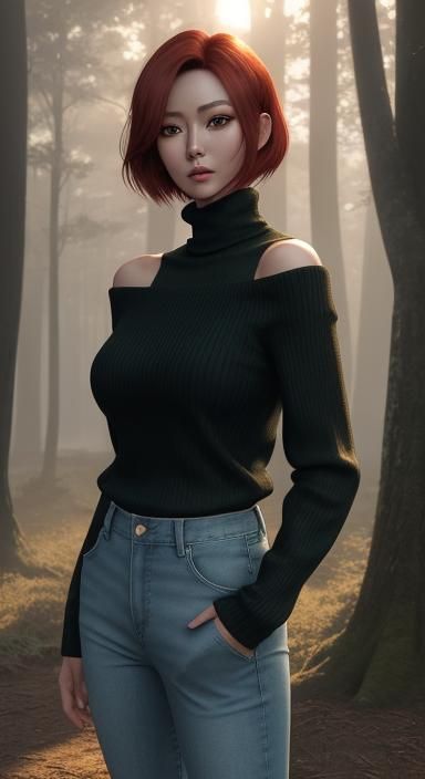 Anime Girl in Misty Forest Sunset, 3D Render