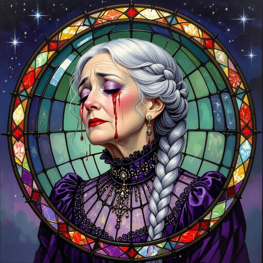 Elderly Woman in Victorian Glass Gown Weeping Red Tears
