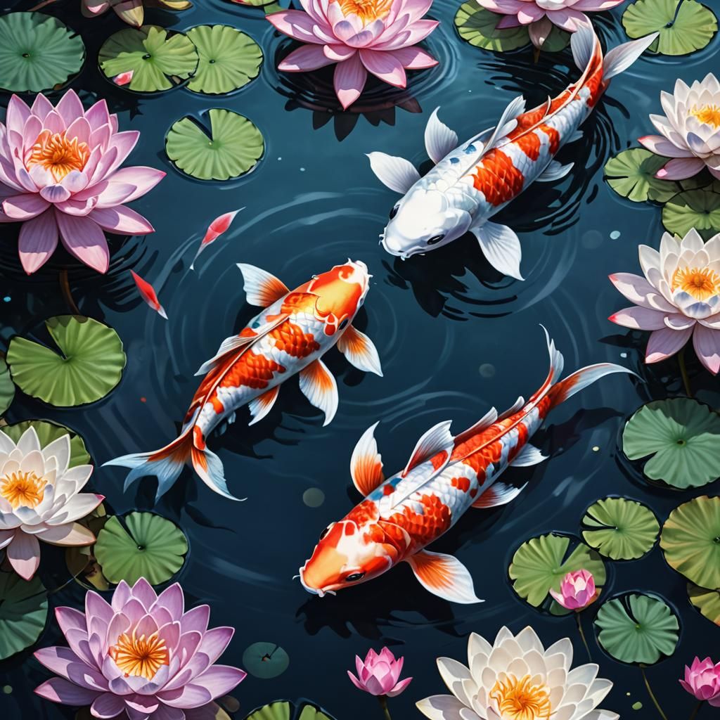 Koi Fish in Lotus Pond: Photorealistic Digital Art