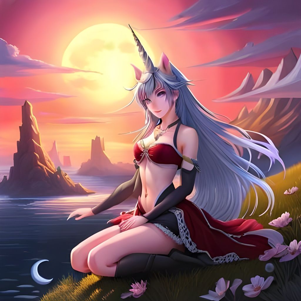 Elfpunk Unicorn in Fairycore Landscape at Sunset