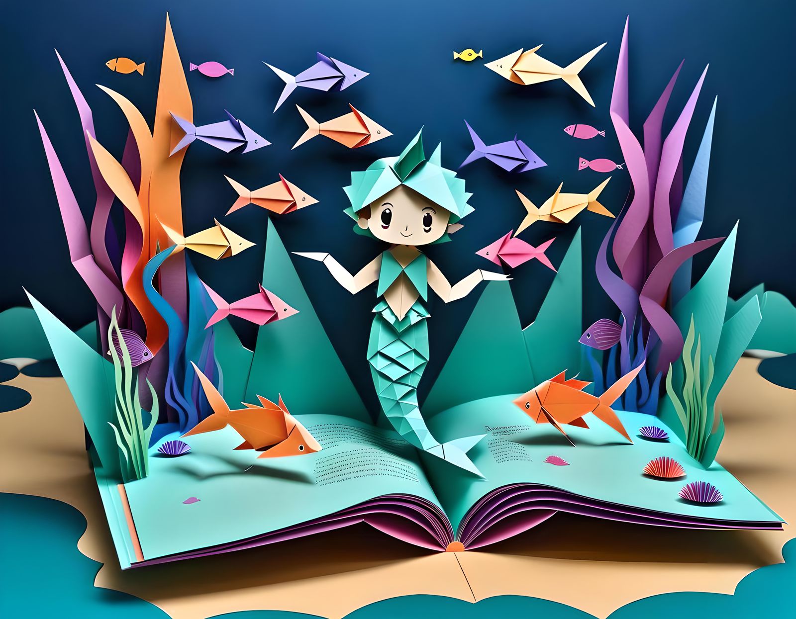 Origami Merman in Colorful Pop-Up Book