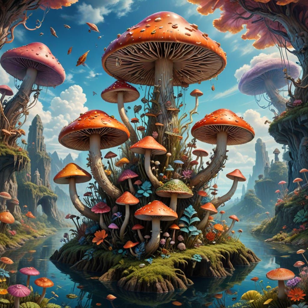 Surreal Fantasy World with Giant Mushrooms and Whimsical Cre...