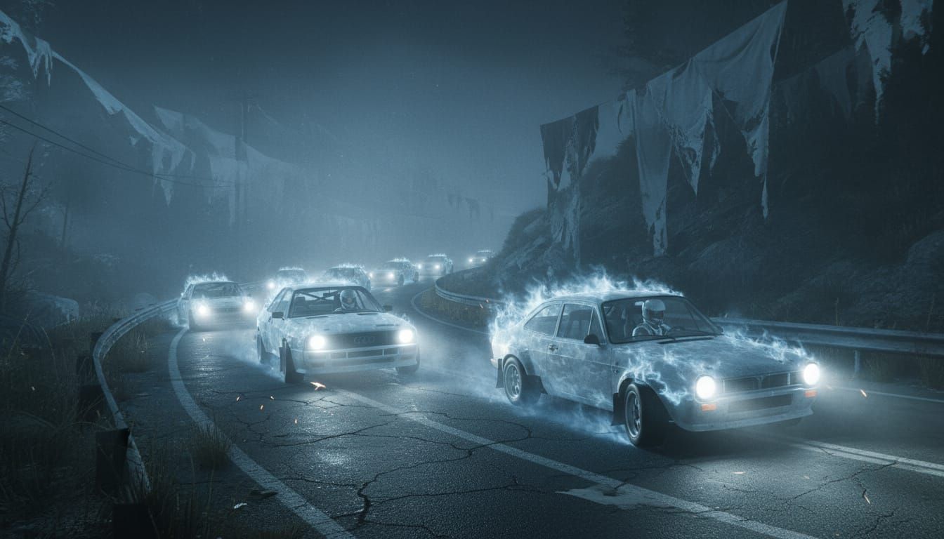 Ghostly Cars Race in Foggy Mountain Passes